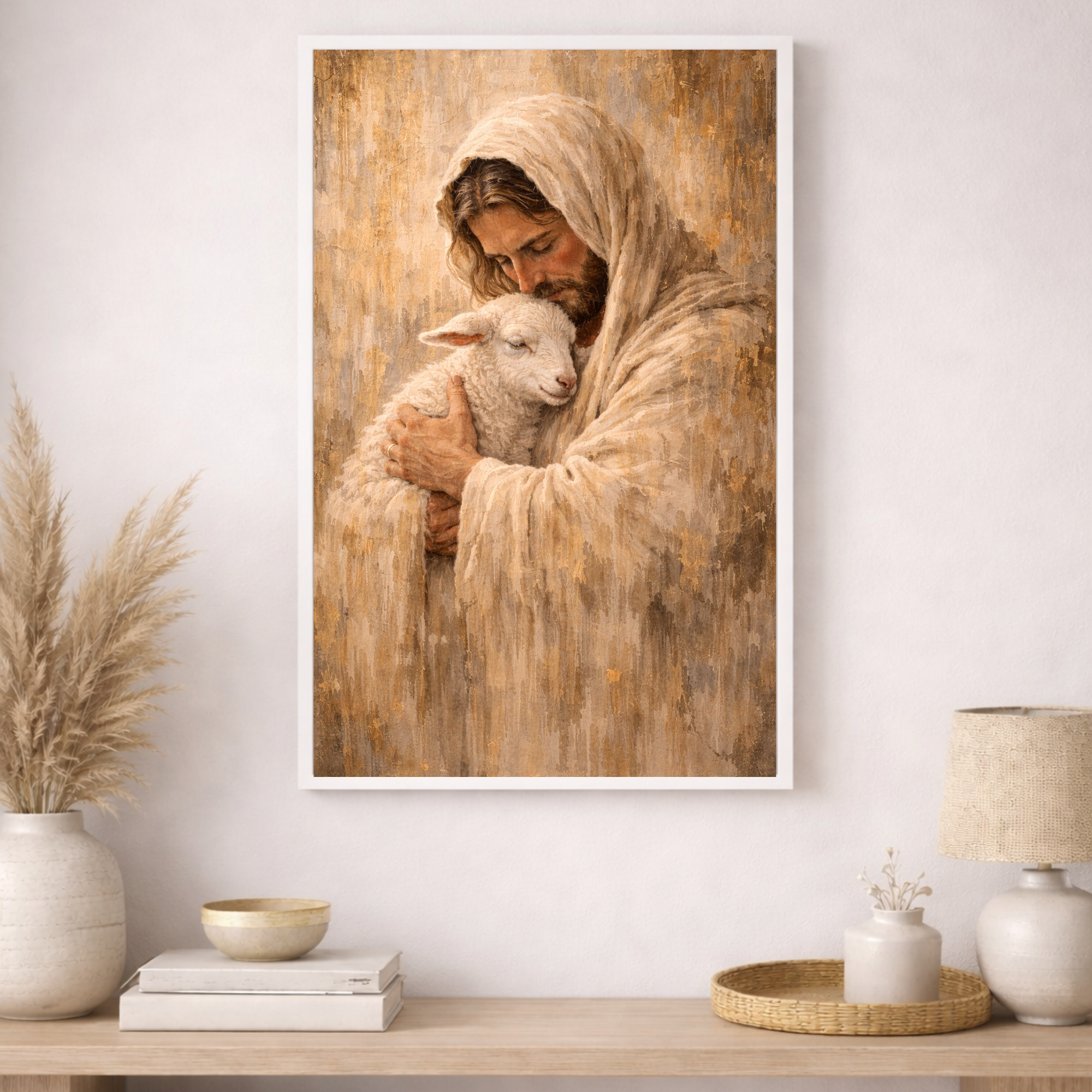 Framed artwork of a robed figure holding a lamb on a wall above a wooden shelf with decor items.