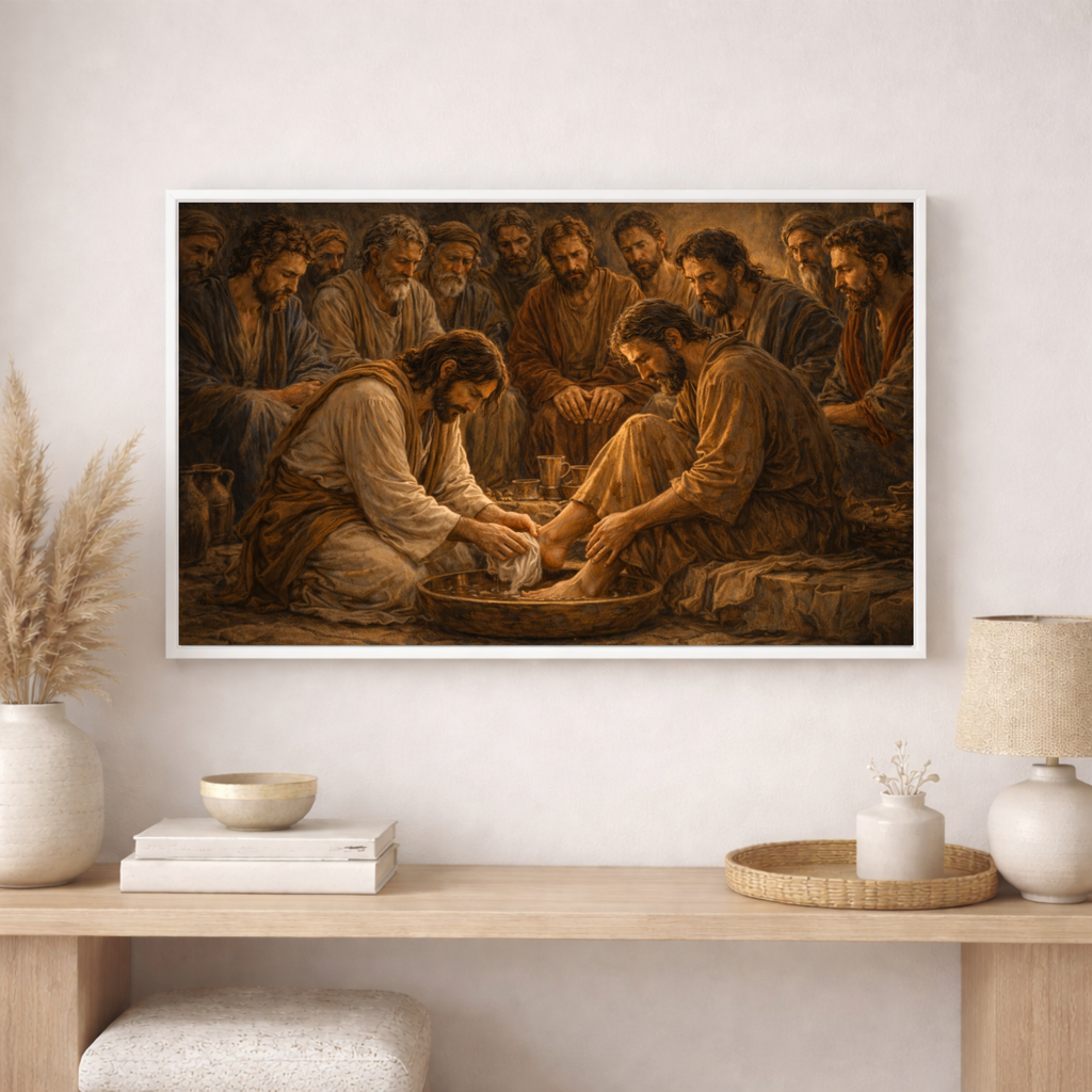 Framed artwork of a religious scene on a wall above a wooden shelf with decorative items.