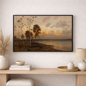 Vintage Lakeside Sunset Wall Art Print | Impressionist Painting