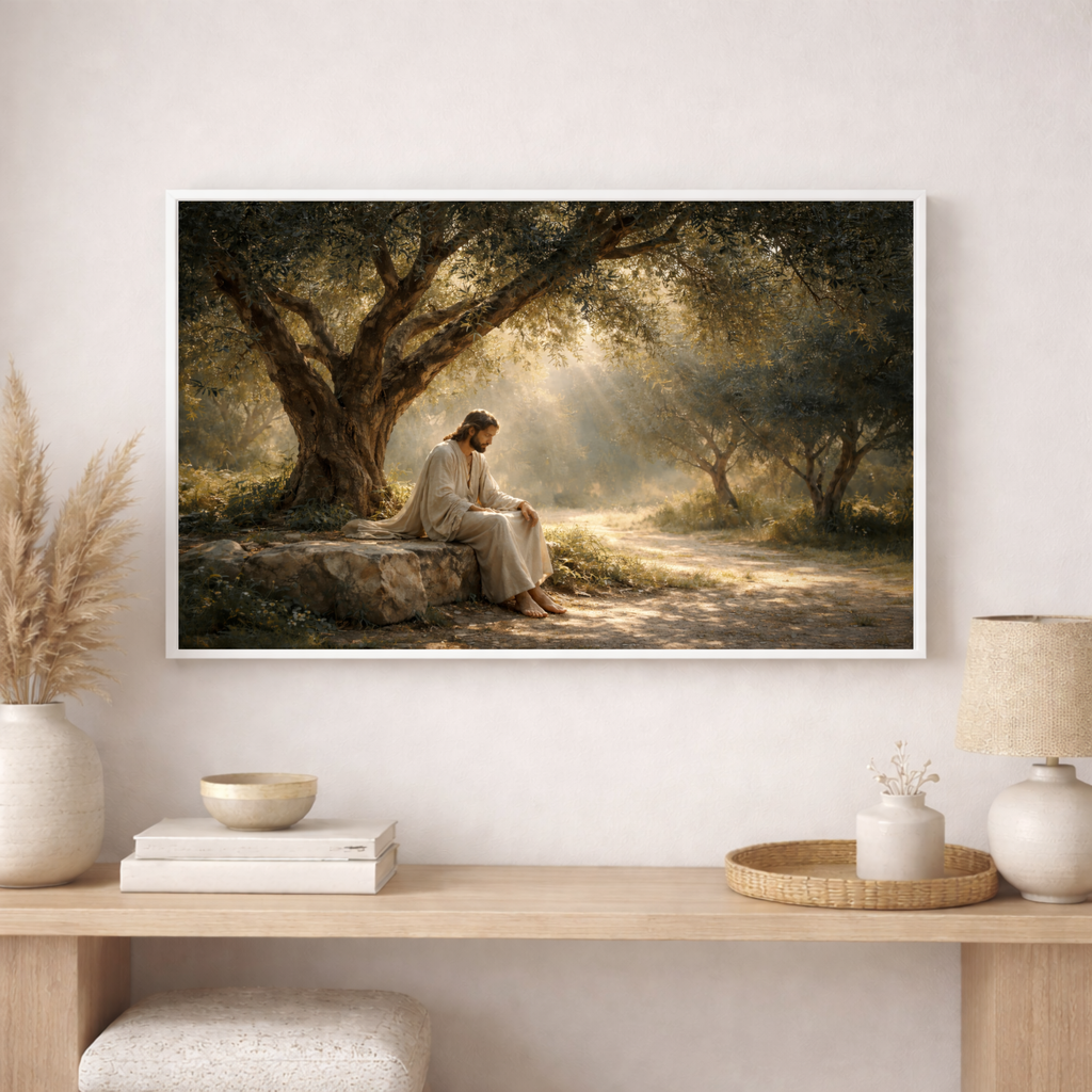Framed artwork of a person sitting under a tree in a serene landscape, displayed on a wall above a wooden shelf.