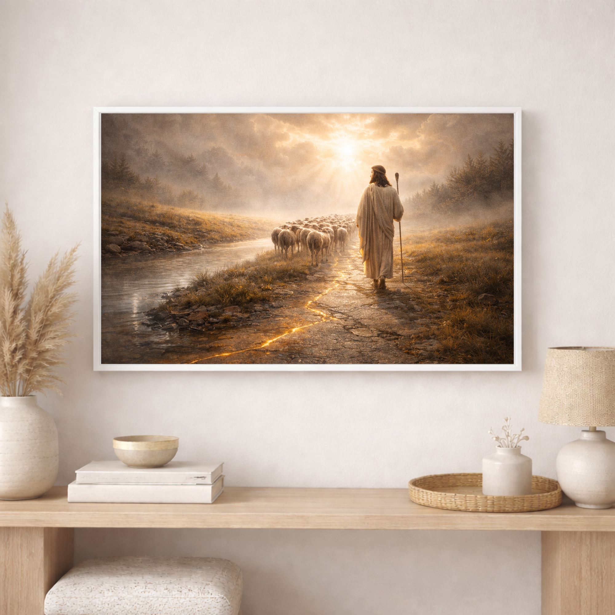 Framed artwork of a shepherd with sheep walking along a path, displayed on a wall above a wooden shelf.