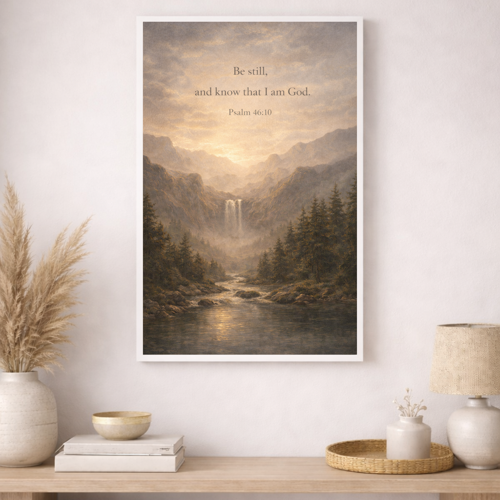 Framed artwork with a mountain landscape and inspirational quote on a wall above a wooden table.