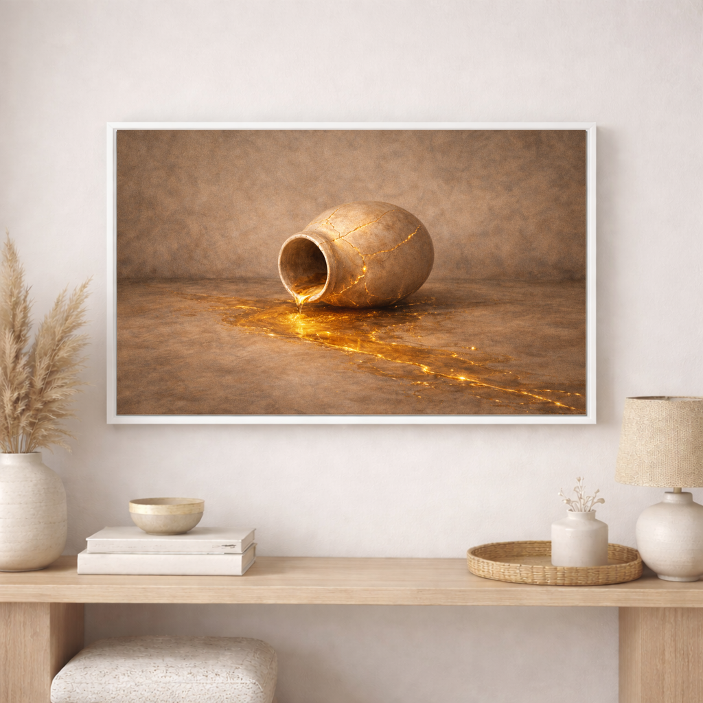 Framed artwork of a glowing vase on a wall above a wooden shelf with decor items.
