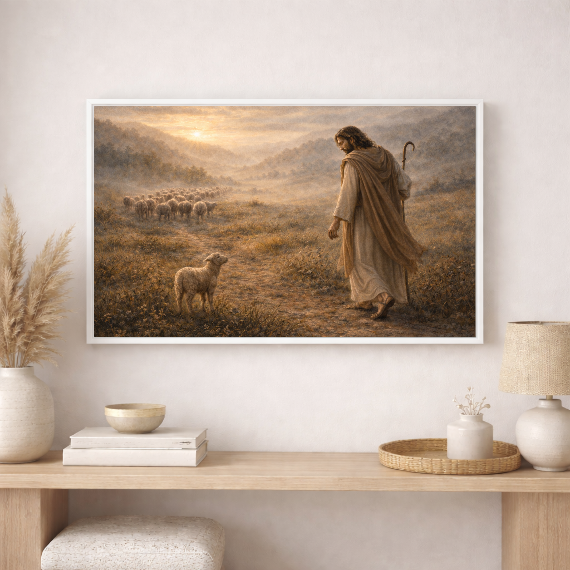 Framed artwork of a shepherd with sheep in a pastoral scene, displayed on a wall above a wooden shelf.