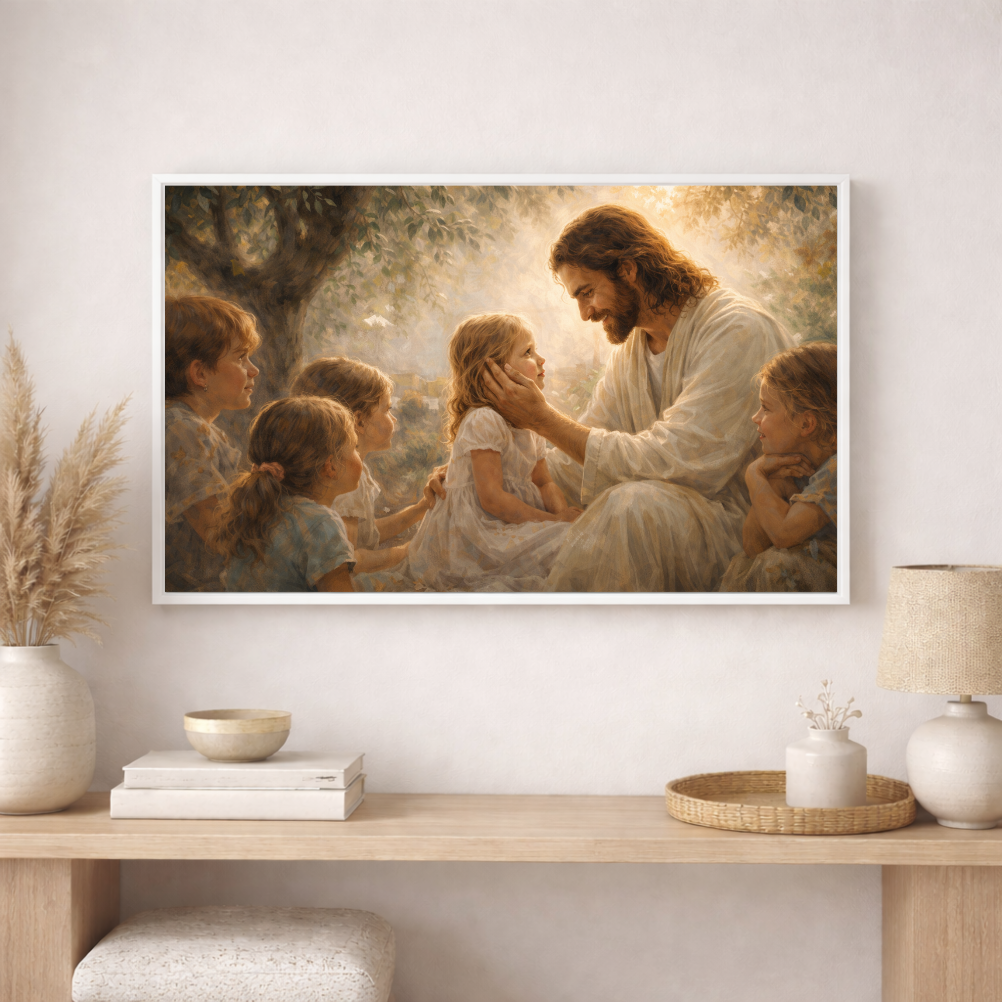 Framed artwork of a religious scene with a man and children on a wall above a wooden console table.