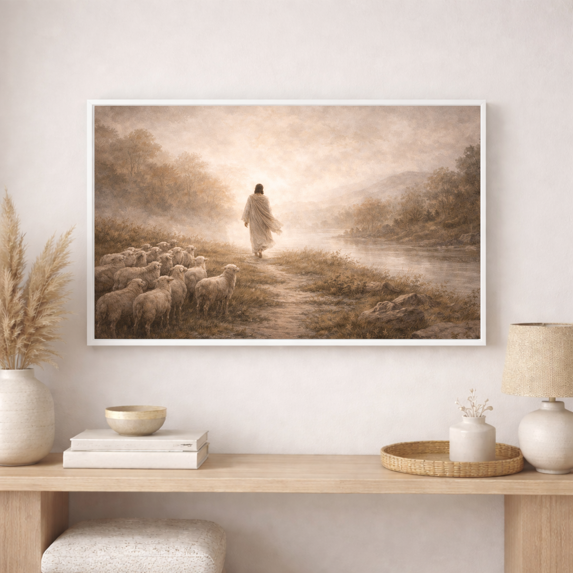 Framed artwork of a shepherd with sheep in a field, displayed on a wall above a wooden console table.