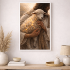 Framed artwork of a person holding a lamb with string lights, displayed on a wall above a wooden shelf.