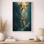 Framed artwork of a person underwater with a hand reaching out, displayed on a wall above a wooden shelf.