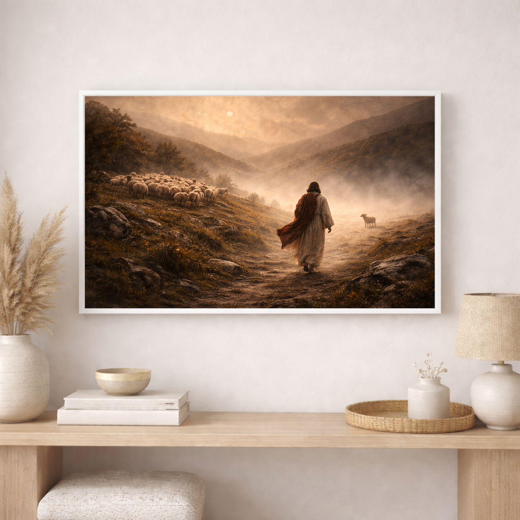 Framed artwork of a shepherd with sheep in a misty landscape, displayed on a wall above a wooden shelf.