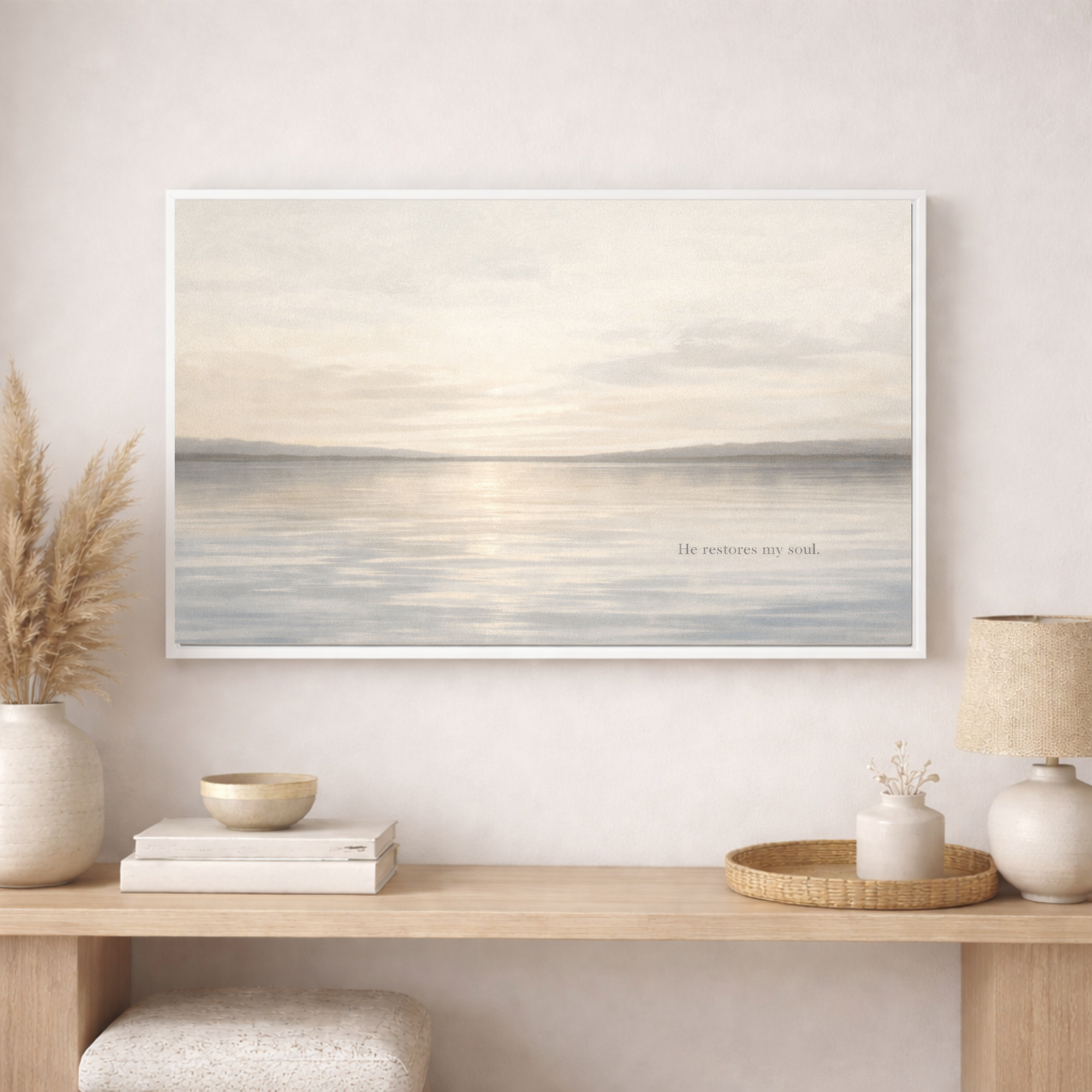 Minimal Christian canvas print featuring “He restores my soul” from Psalm 23. 