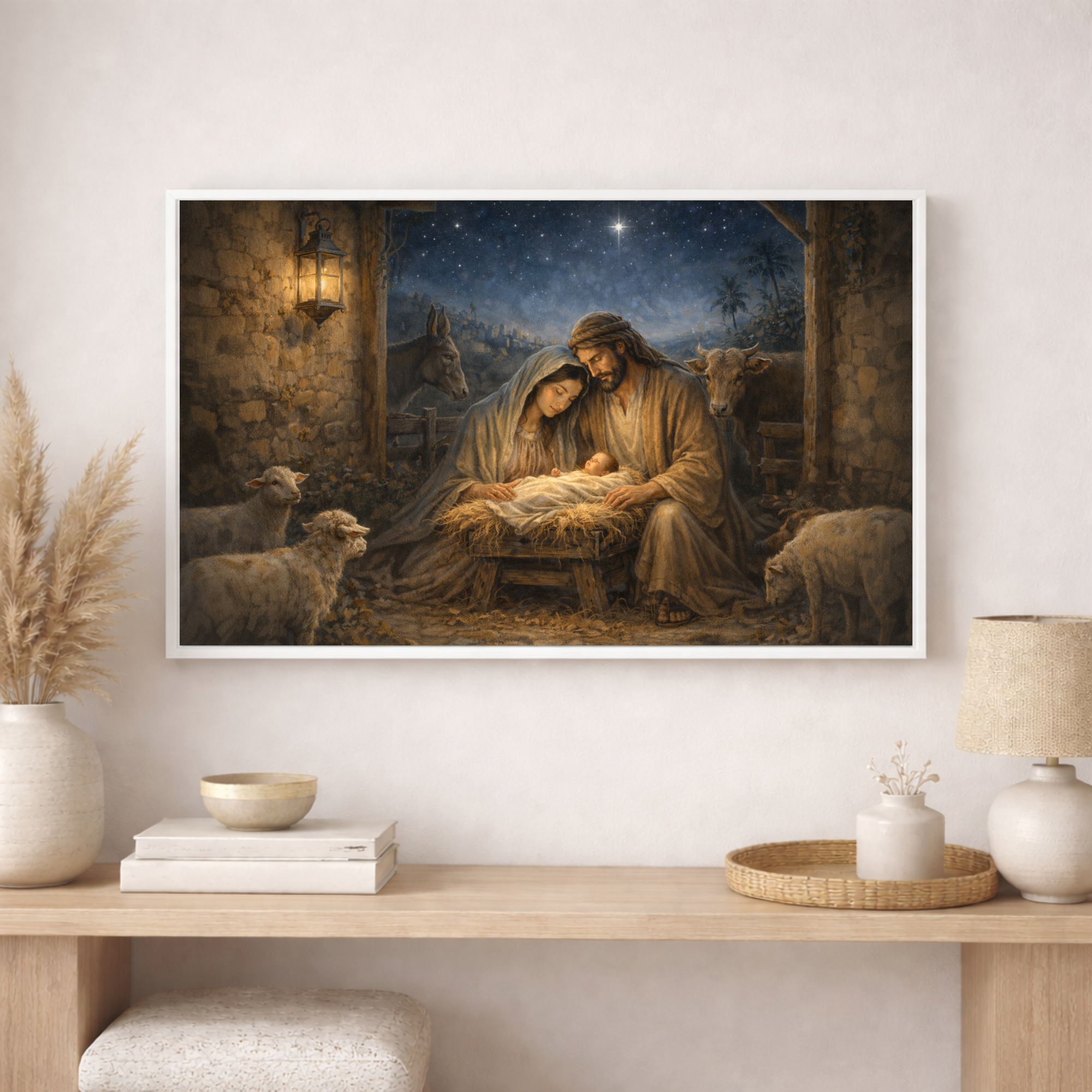 Framed artwork of a nativity scene on a wall above a wooden shelf with decorative items.