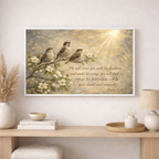 Framed artwork with birds on a branch and floral elements, placed above a wooden console table.