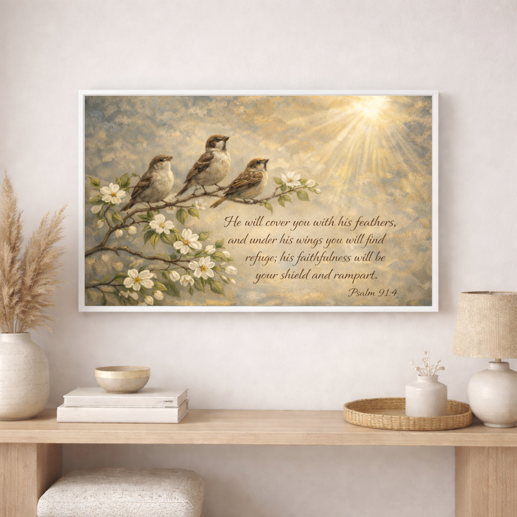 Framed artwork with birds on a branch and floral elements, placed above a wooden console table.