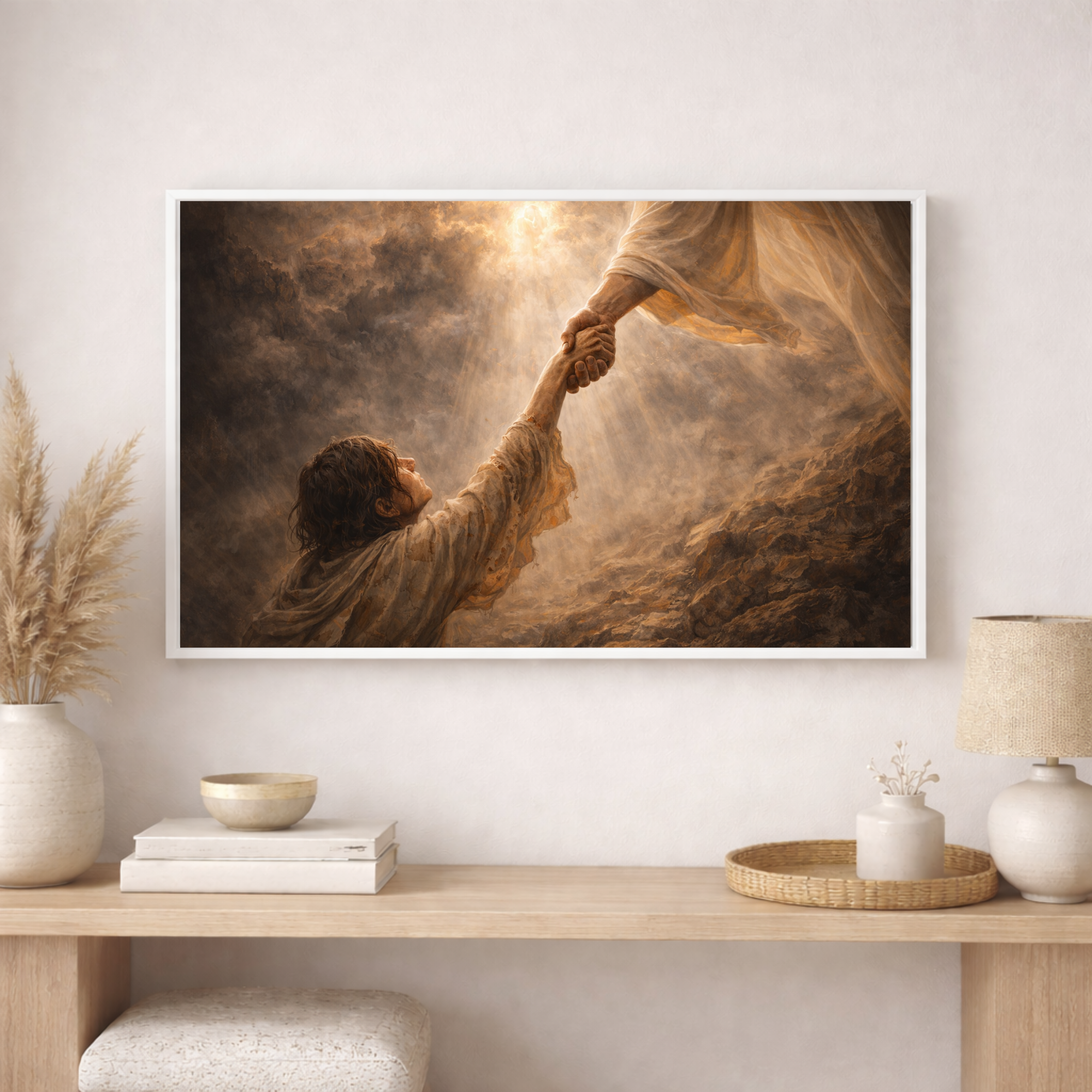 Framed artwork of a person reaching out to another against a mountainous background, displayed on a wall above a wooden shelf with decor items.