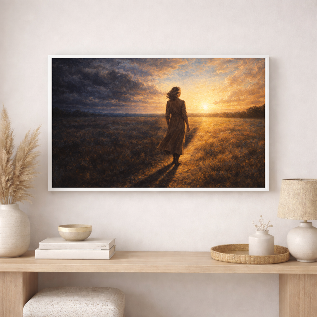 Framed artwork of a woman walking in a field with a sunset, displayed on a wall above a wooden console table.