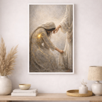 Framed artwork of two people reaching out to each other on a wall above a wooden shelf with decorative items.