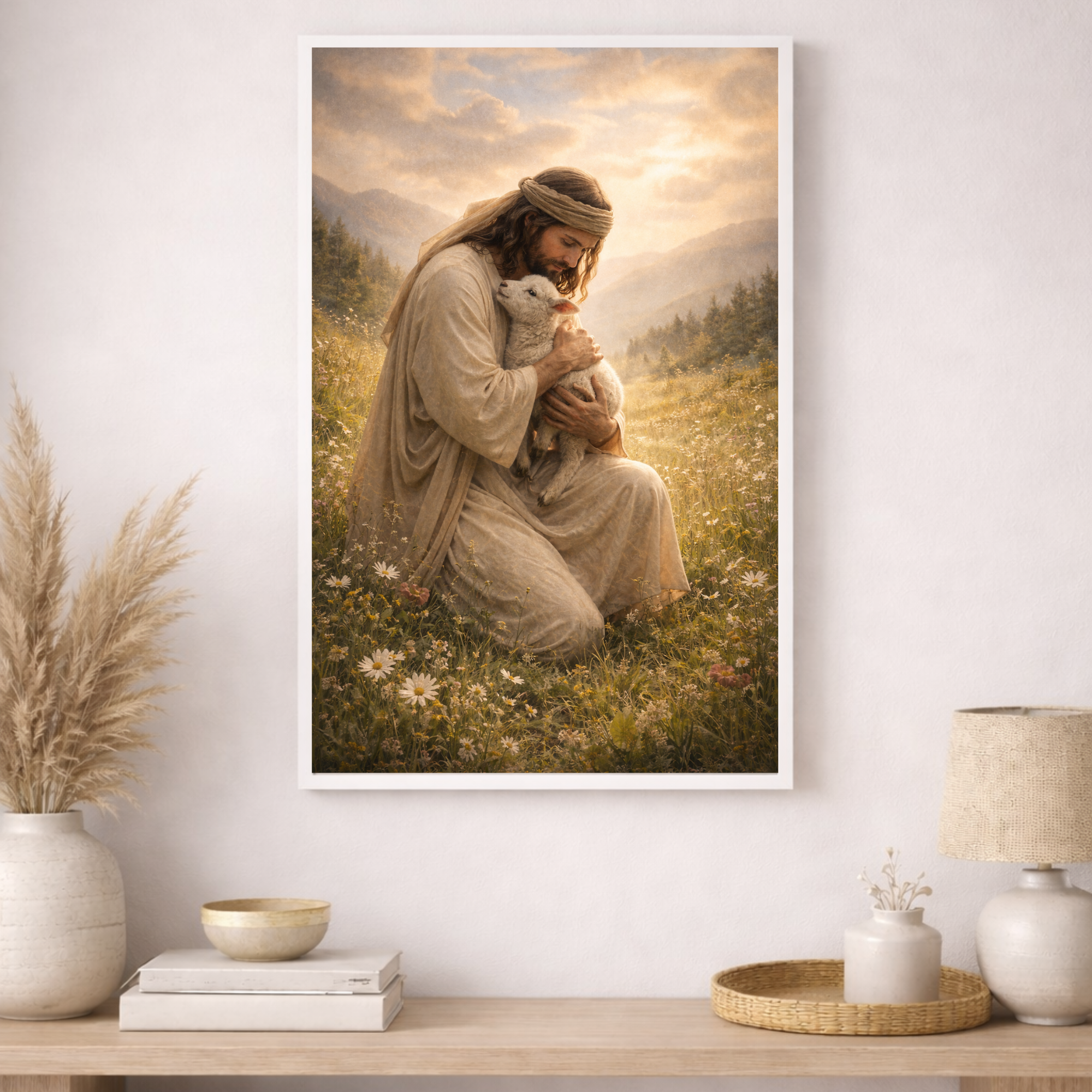 Framed artwork of a person holding a lamb in a field, displayed on a wall above a wooden table with decorative items.
