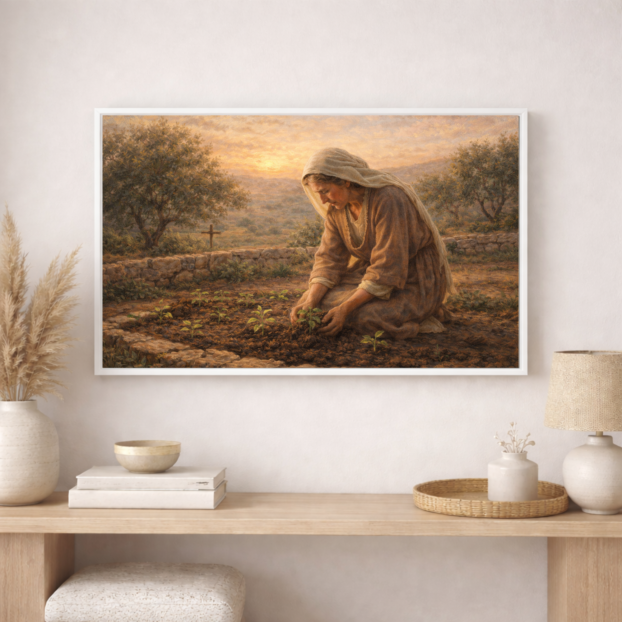 Framed painting of a woman tending to plants on a wall above a wooden shelf with decorative items.