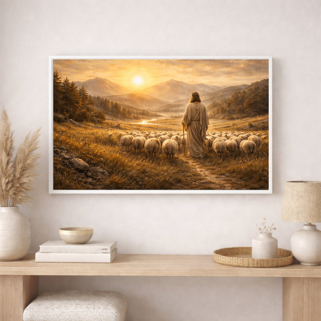 Framed artwork of a shepherd with sheep in a scenic landscape, displayed on a wall above a wooden shelf.