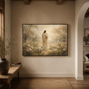 Jesus with Lambs in Blooming Garden | Christian Wall Art