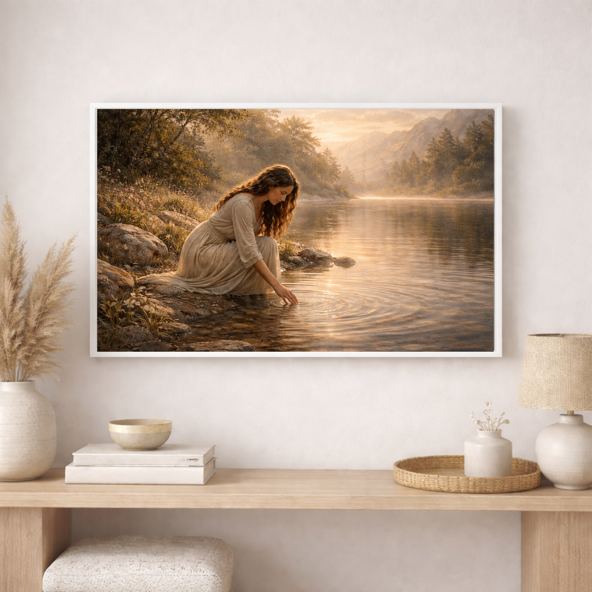 Framed artwork of a woman by a lake on a wall above a wooden shelf with decor items.