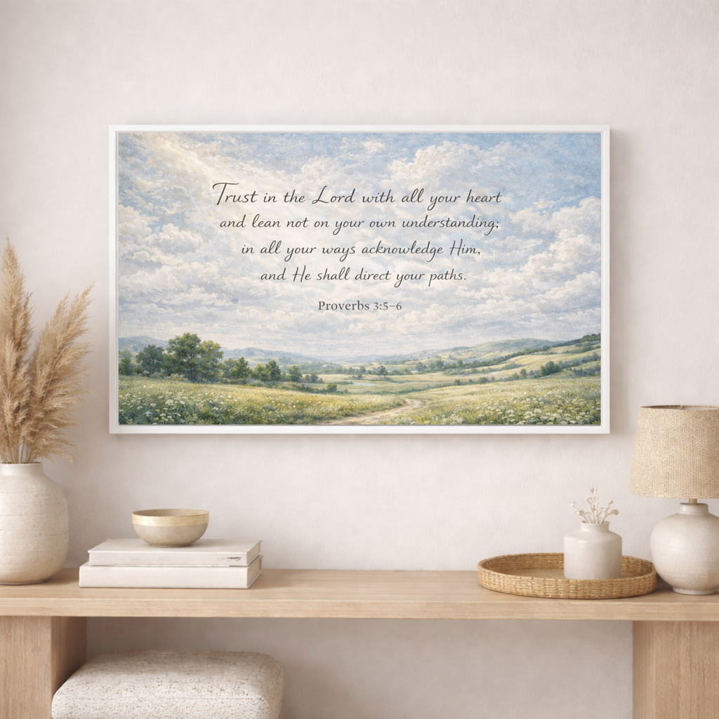 Framed landscape print with Proverbs 3:5-6 text on a wall above a wooden console table.