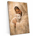 Painting of a robed figure holding a lamb on a wooden panel