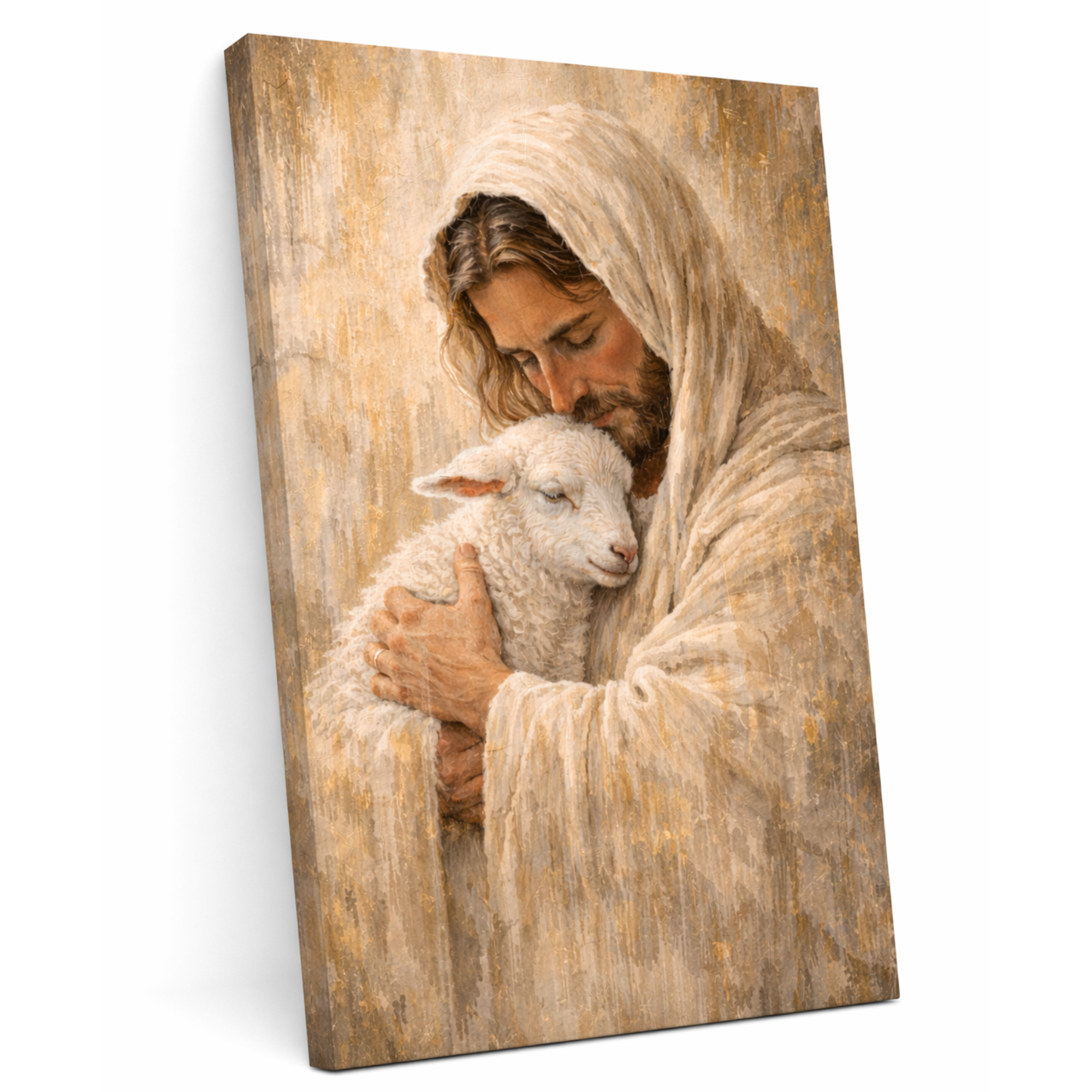 Painting of a robed figure holding a lamb on a wooden panel
