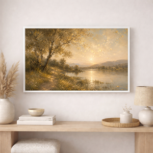 Golden Riverbank Path | Antique Gold Landscape Canvas Wall Art