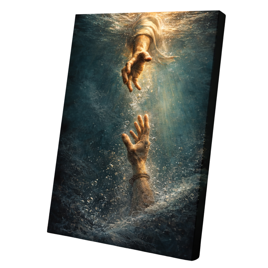 Canvas print of two hands reaching towards each other underwater.