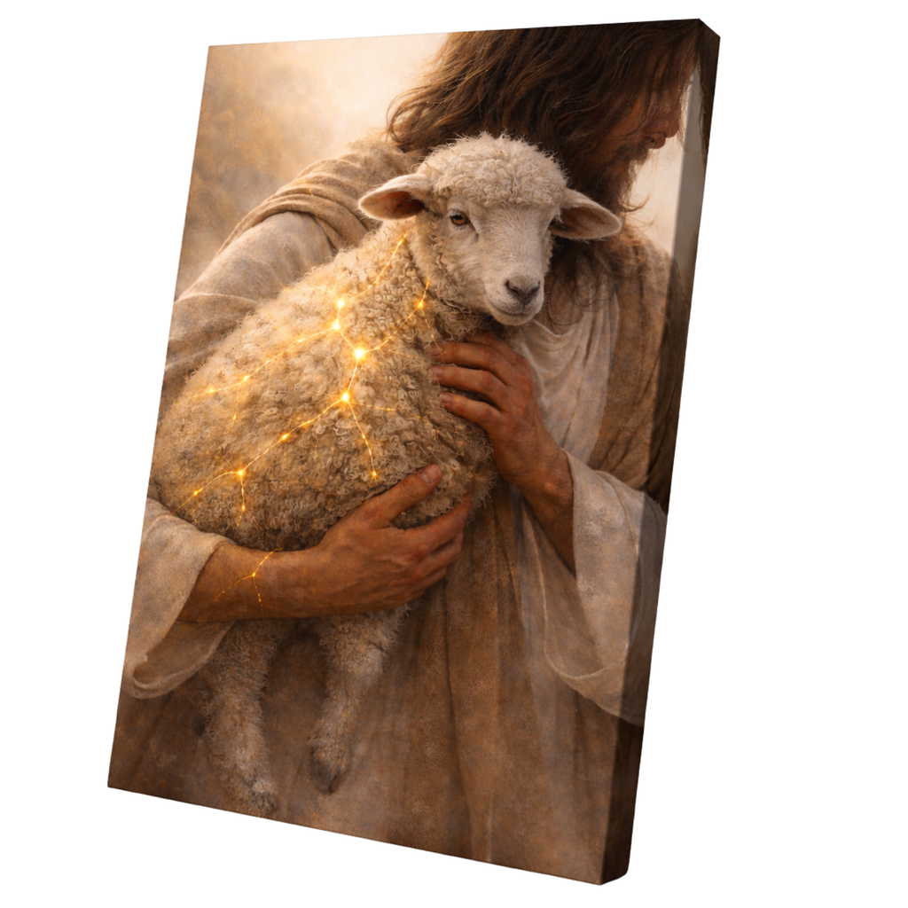 Canvas print of a person holding a lamb with glowing lights, on a white background