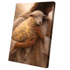 Canvas print of a person holding a lamb with glowing lights, on a white background