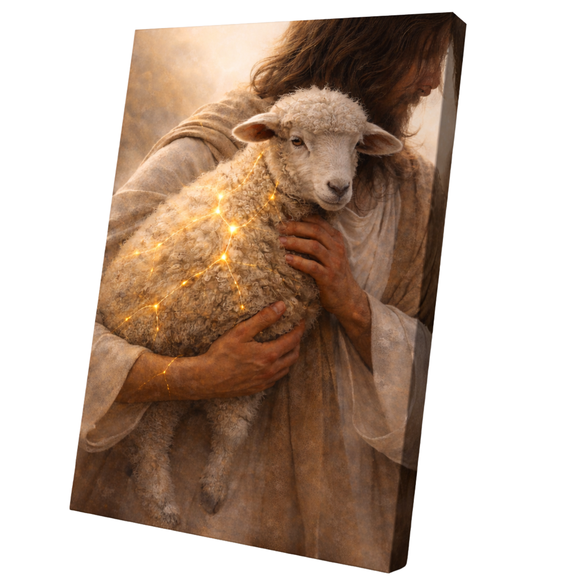 Canvas print of a person holding a lamb with glowing lights, on a white background