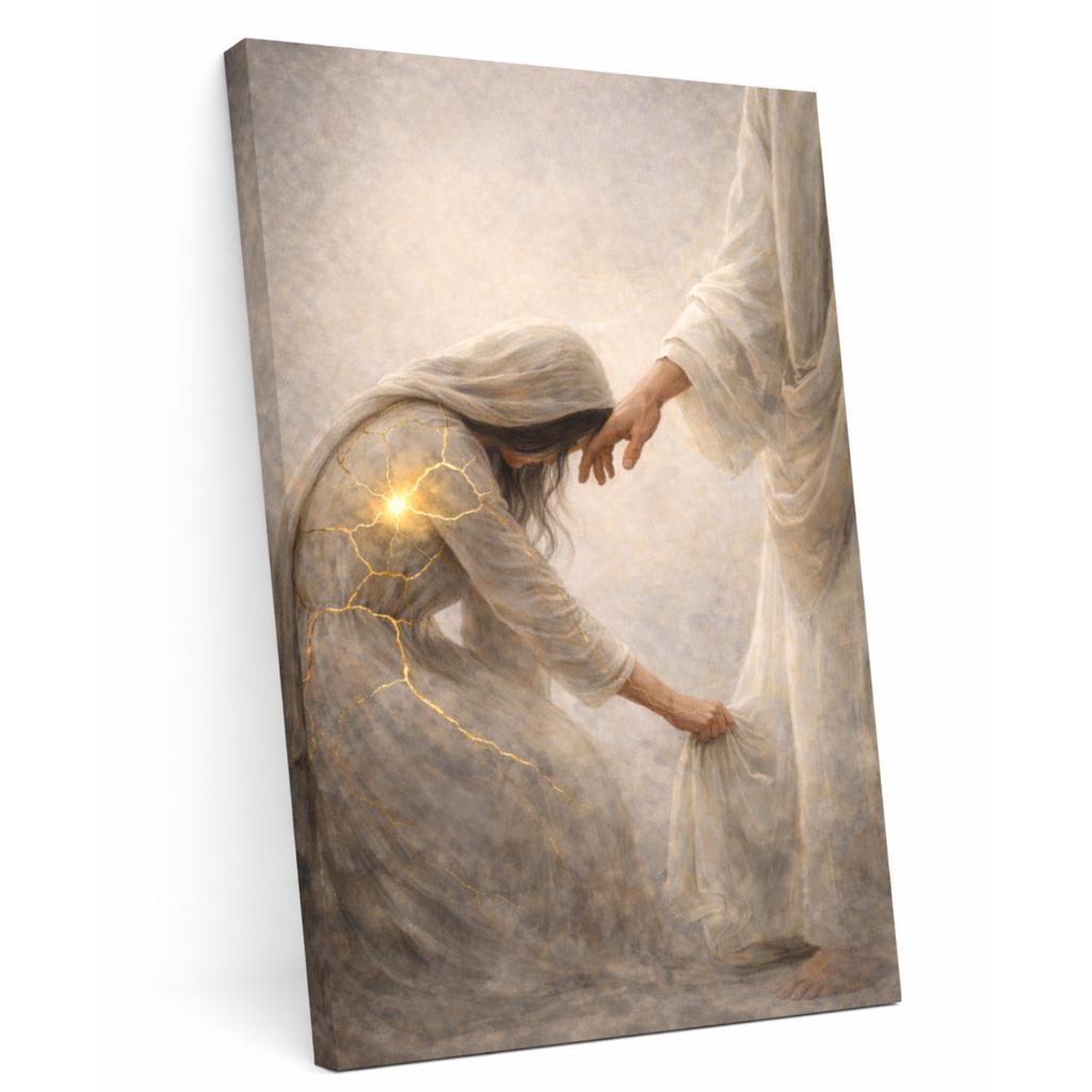 Canvas print of an angelic figure reaching out to a person with a warm glow.