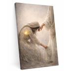 Canvas print of an angelic figure reaching out to a person with a warm glow.