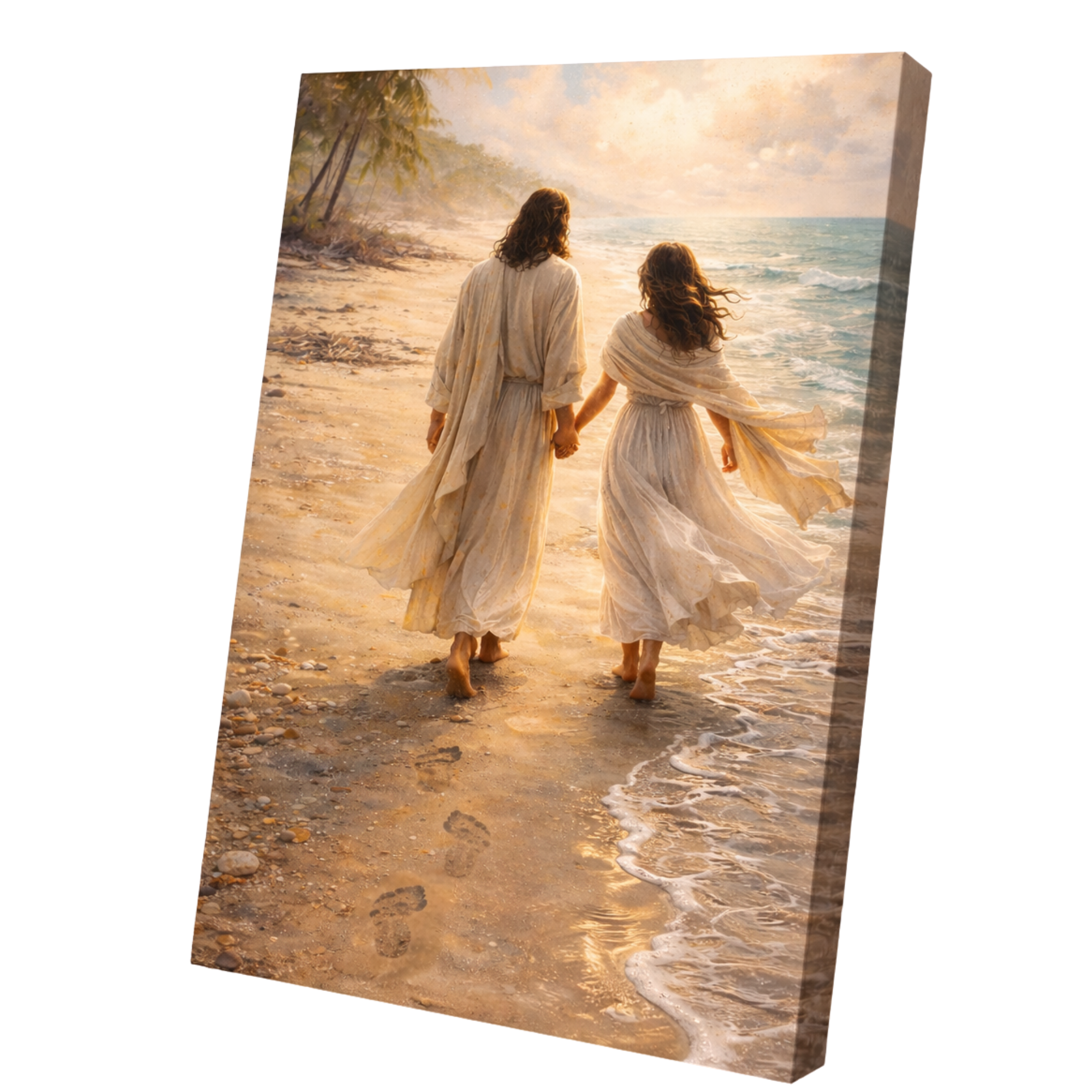 Two people walking on a beach at sunset, holding hands.