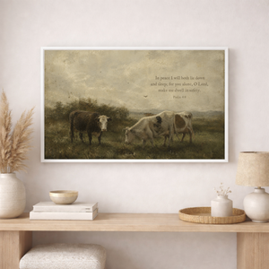 Psalm 4:8 Pastoral Cow Painting | Moody Christian Farmhouse Wall Art