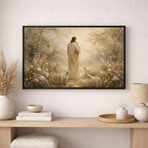 Jesus with Lambs in Blooming Garden | Christian Wall Art