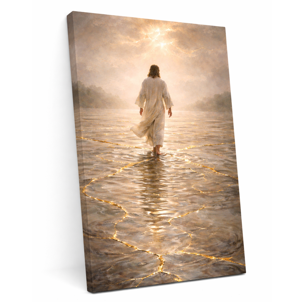 Canvas print of a person walking on water with a serene background