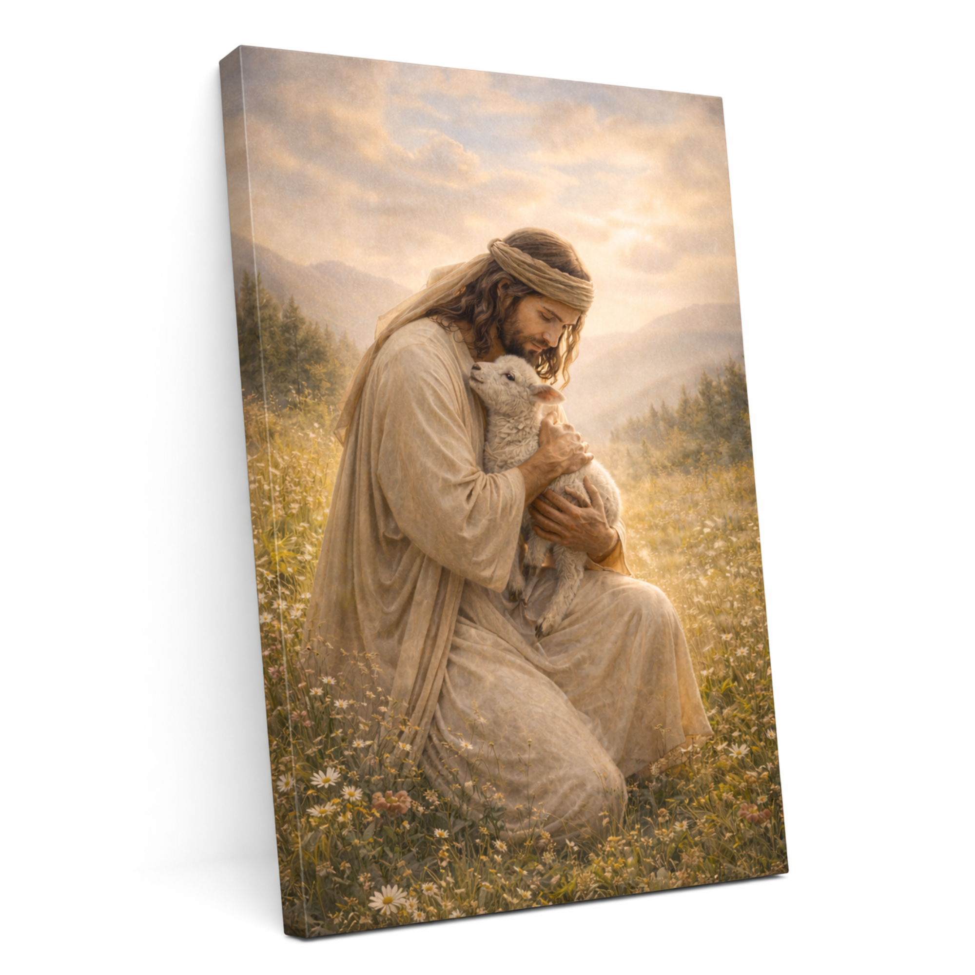 Canvas print of a religious scene with a figure holding a lamb in a field.