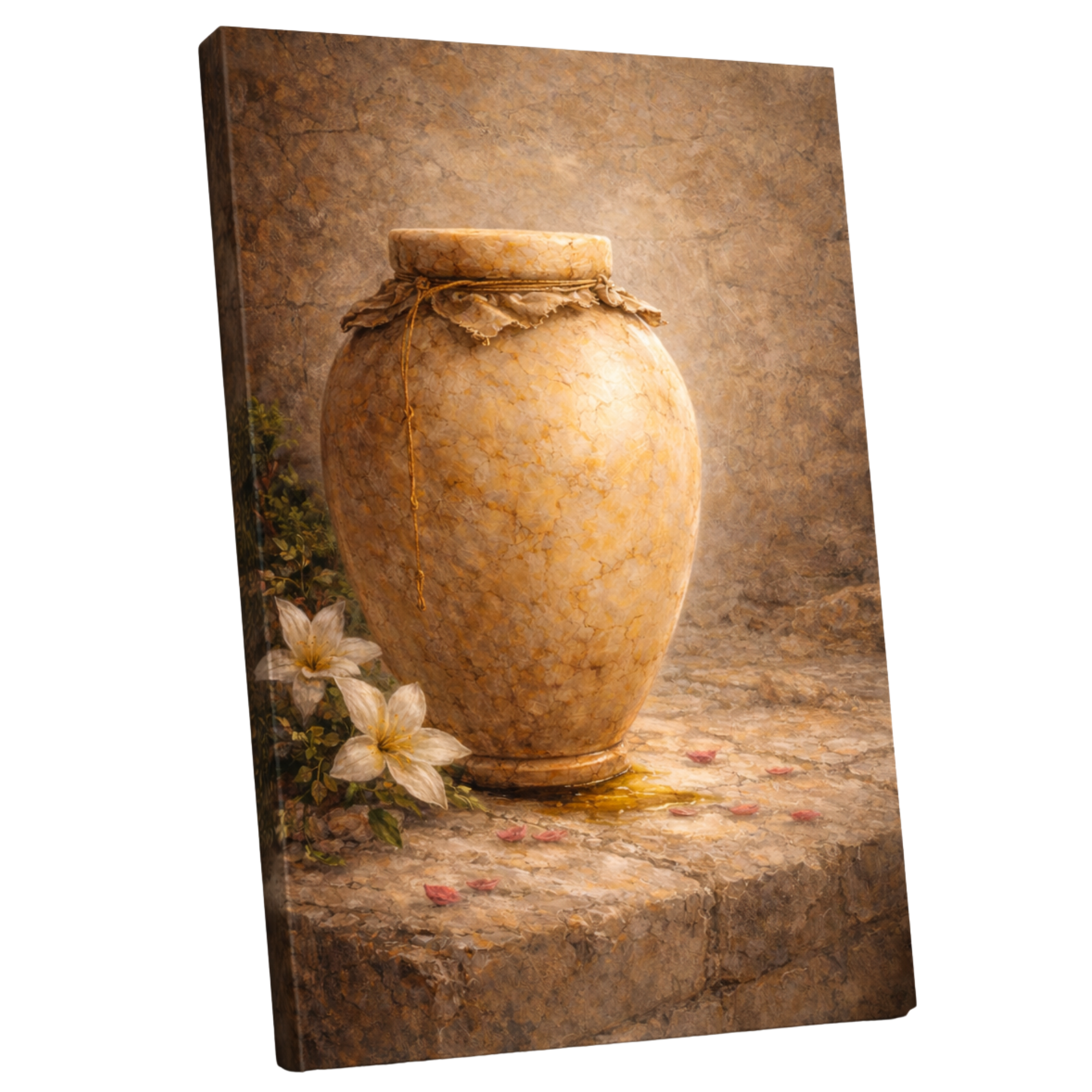 Canvas print of a stone urn and flowers on a textured background