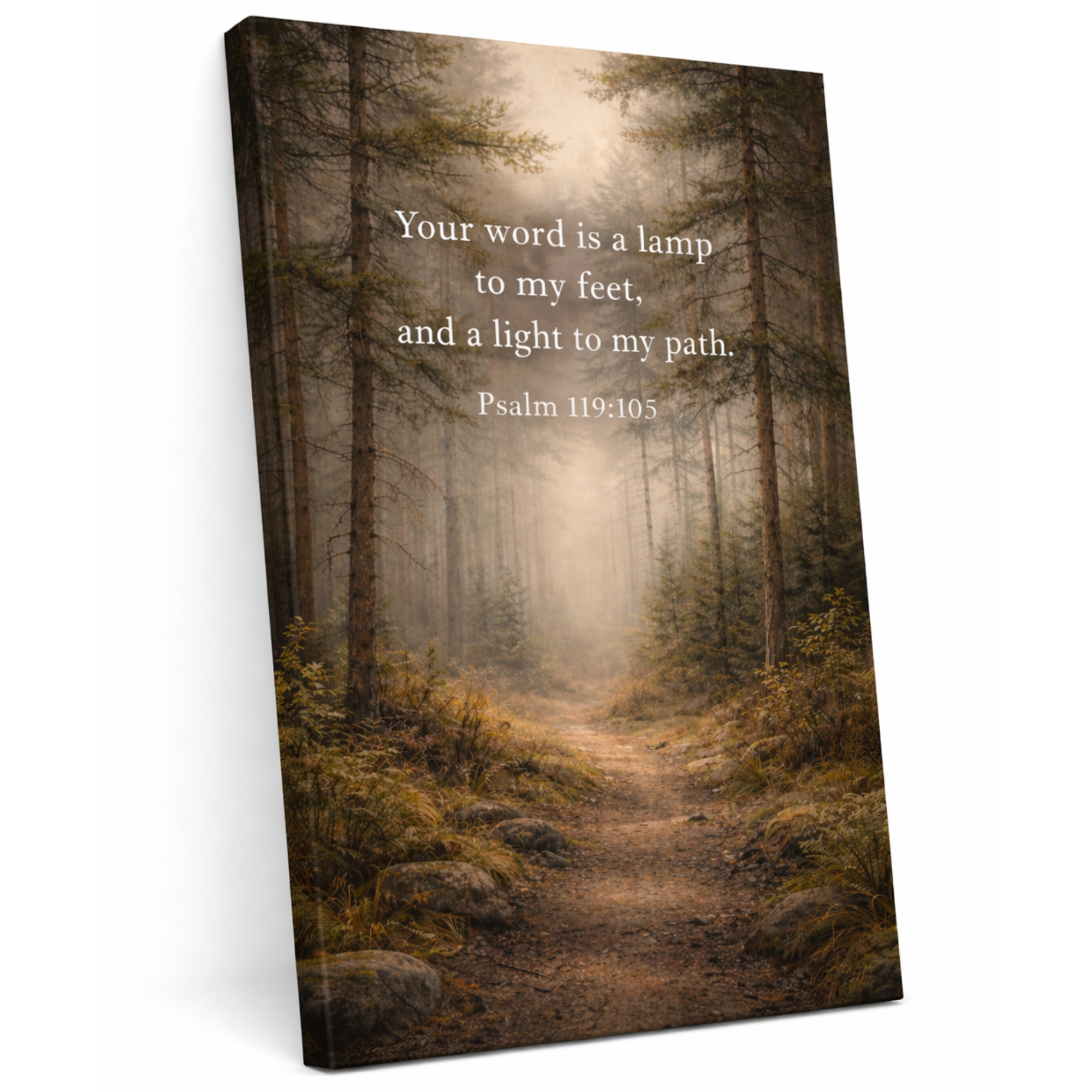 Canvas print with a forest scene and Bible verse 'Your word is a lamp to my feet, and a light to my path. Psalm 119:105' on a white background.
