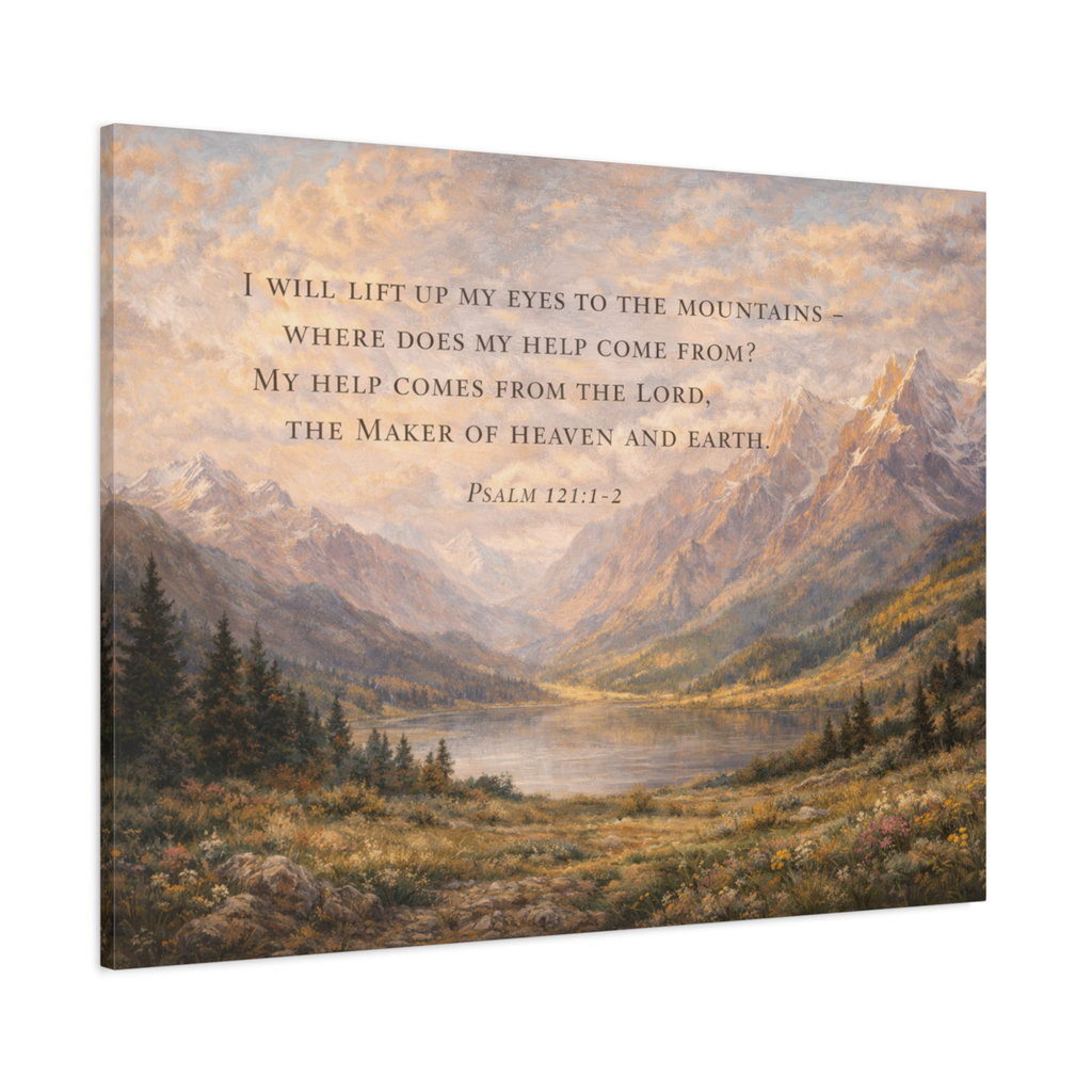 Canvas print of a scenic landscape with a tree, stream, and quote on a white background