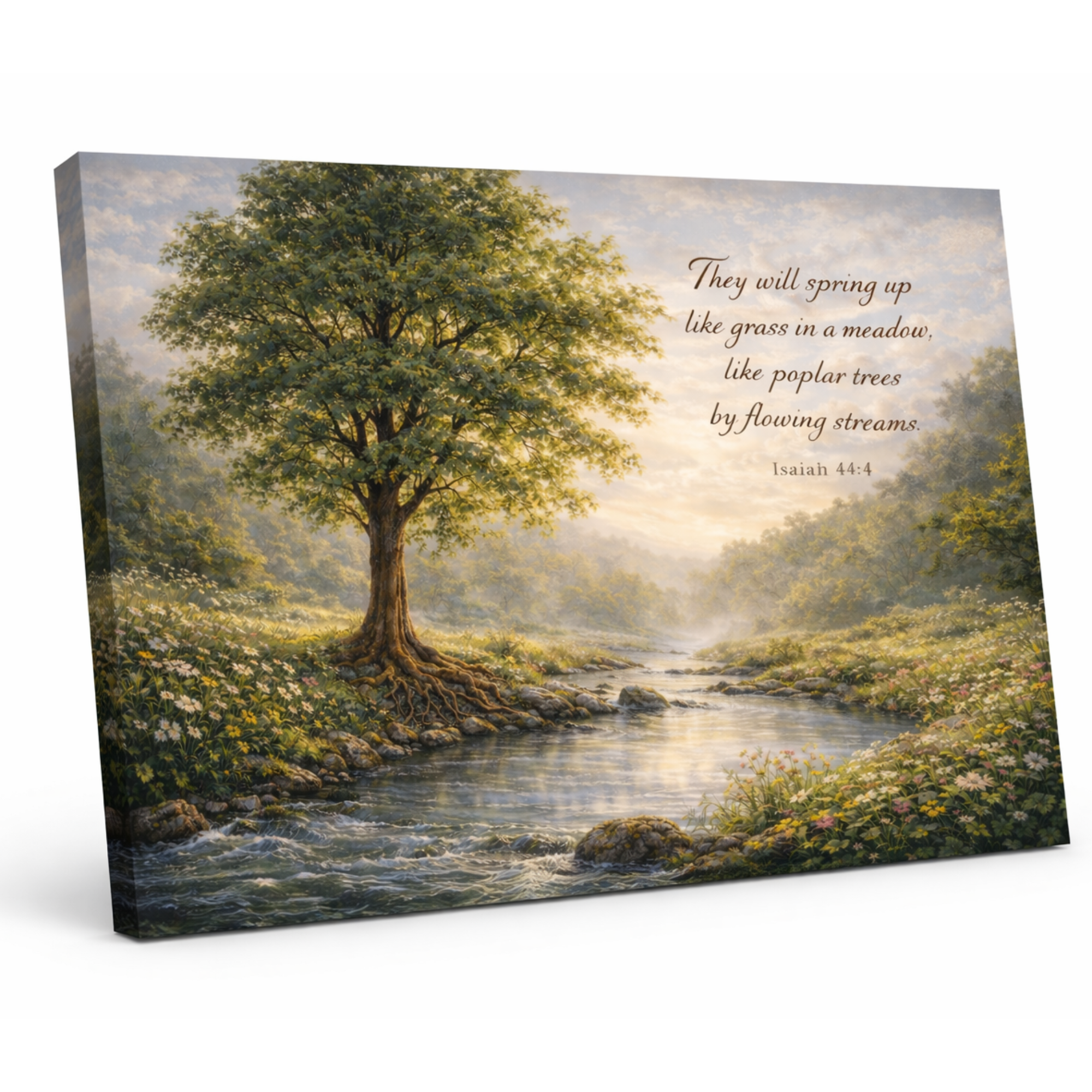 Canvas print of a scenic landscape with a tree, stream, and quote on a white background