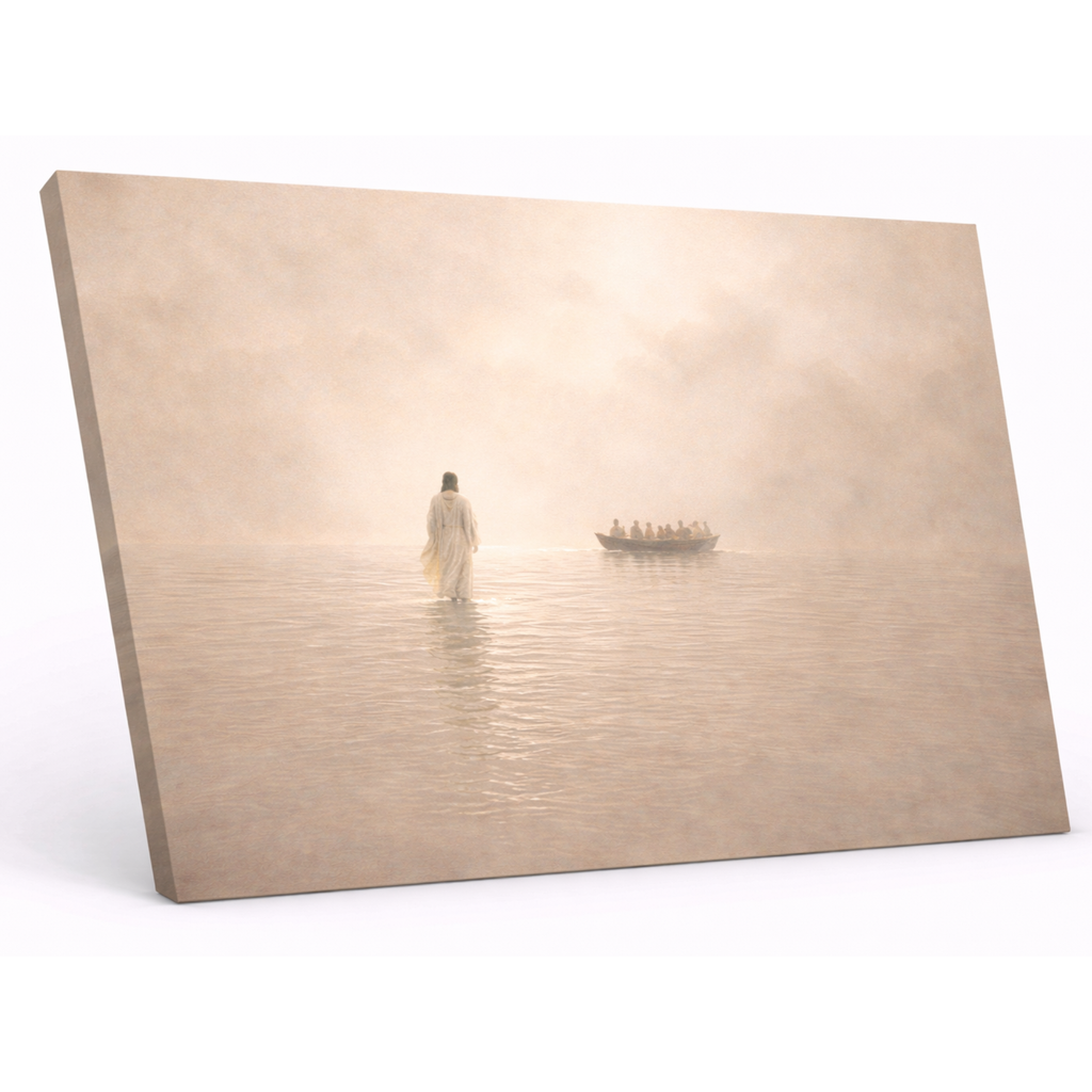 Unframed canvas displaying an image of Jesus walking on water with a boat in the distance.