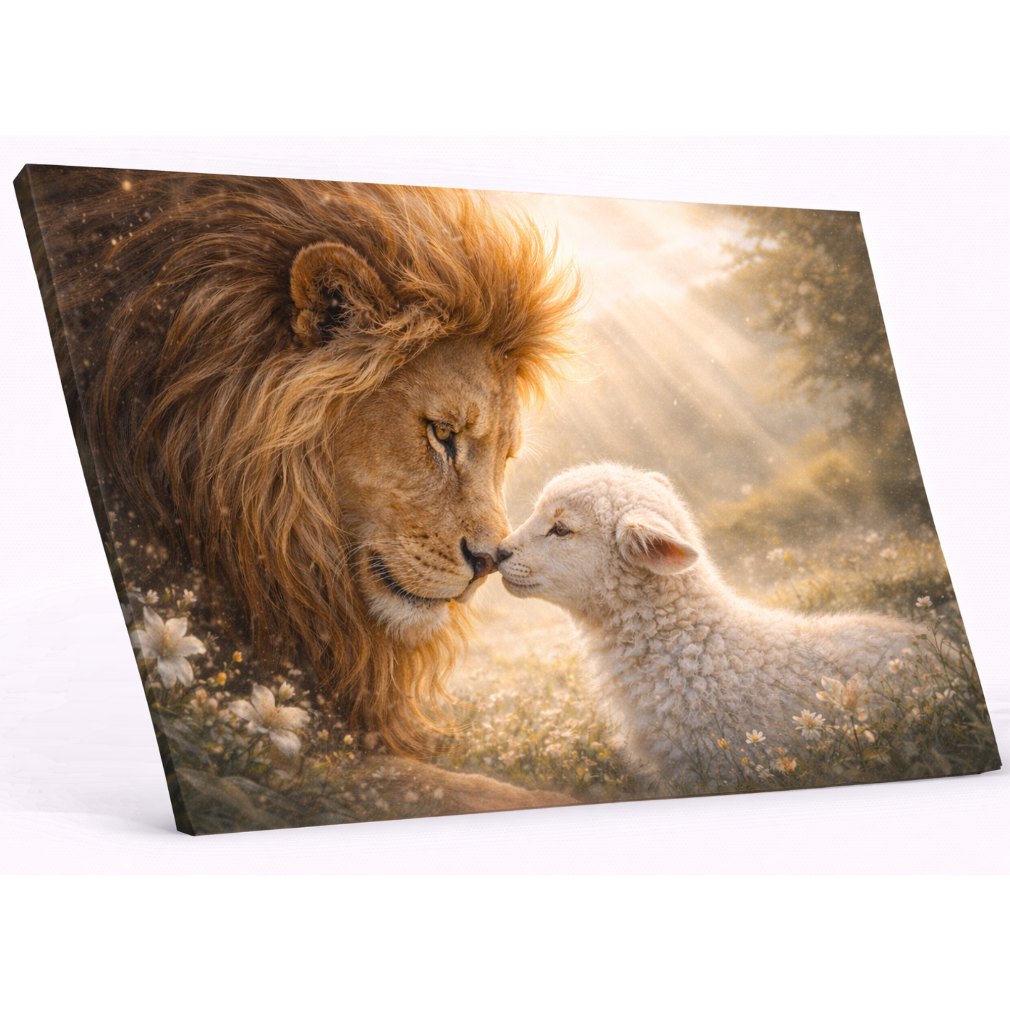 Canvas print of a lion and a lamb facing each other with a warm, golden light.