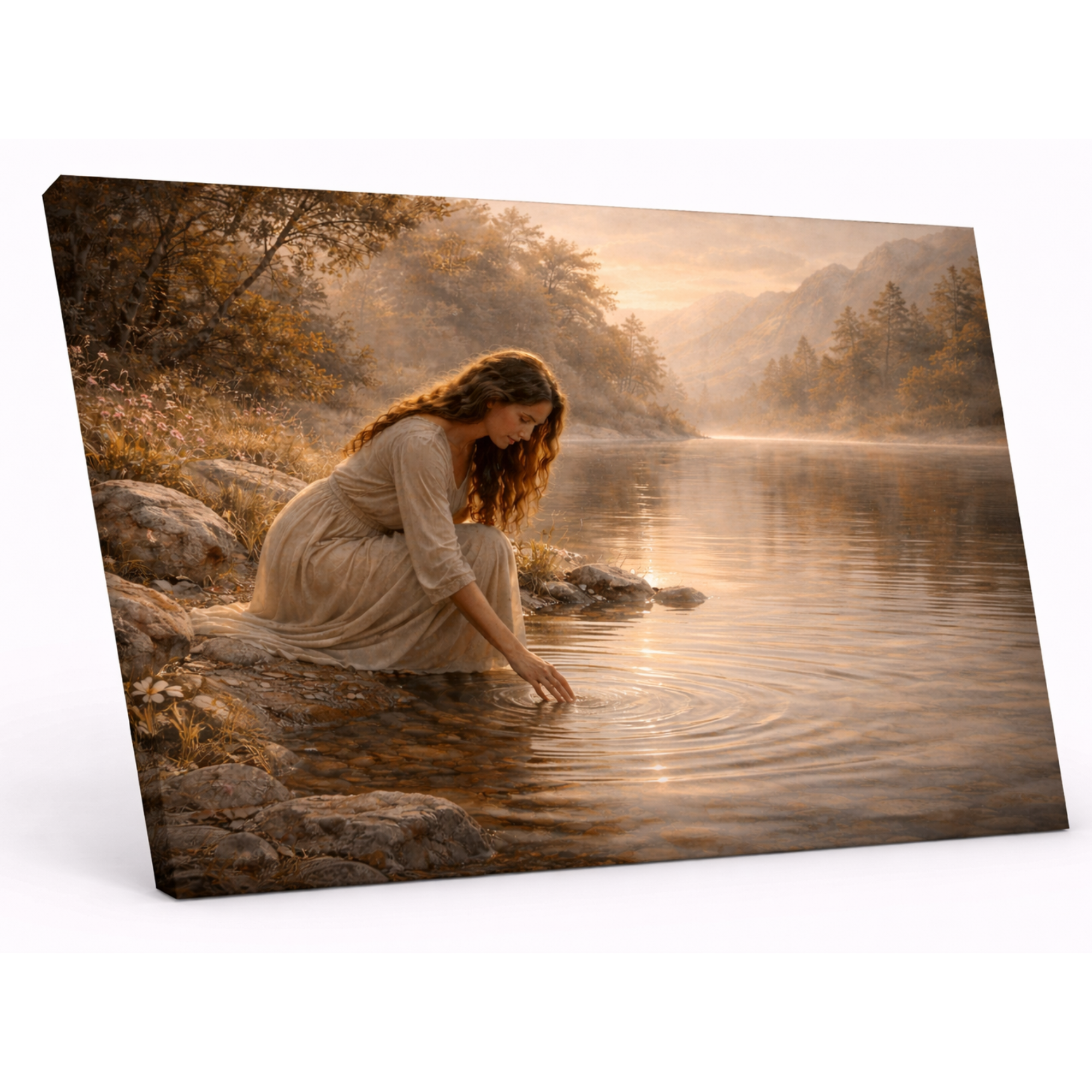 Woman in a dress sitting by a lake with trees in the background