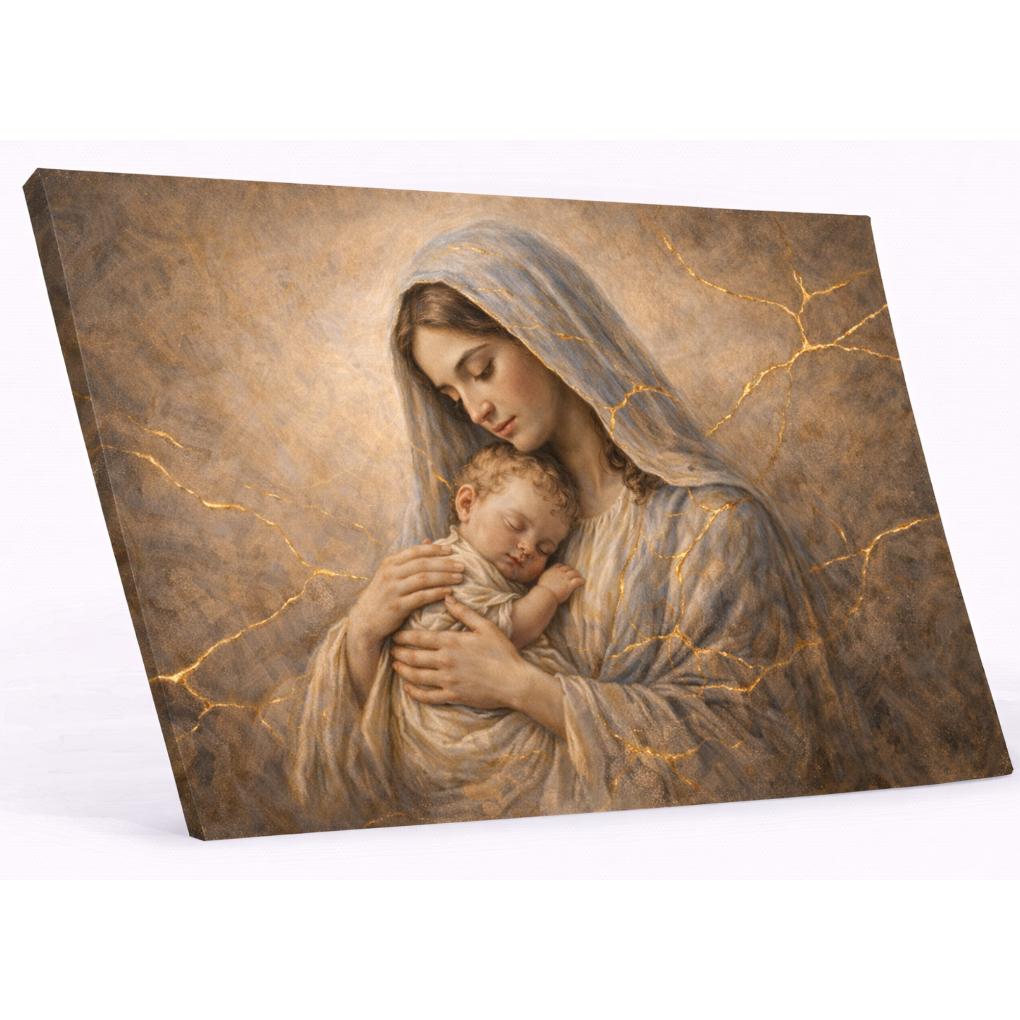 Painting of a mother holding a child with gold accents on a textured background