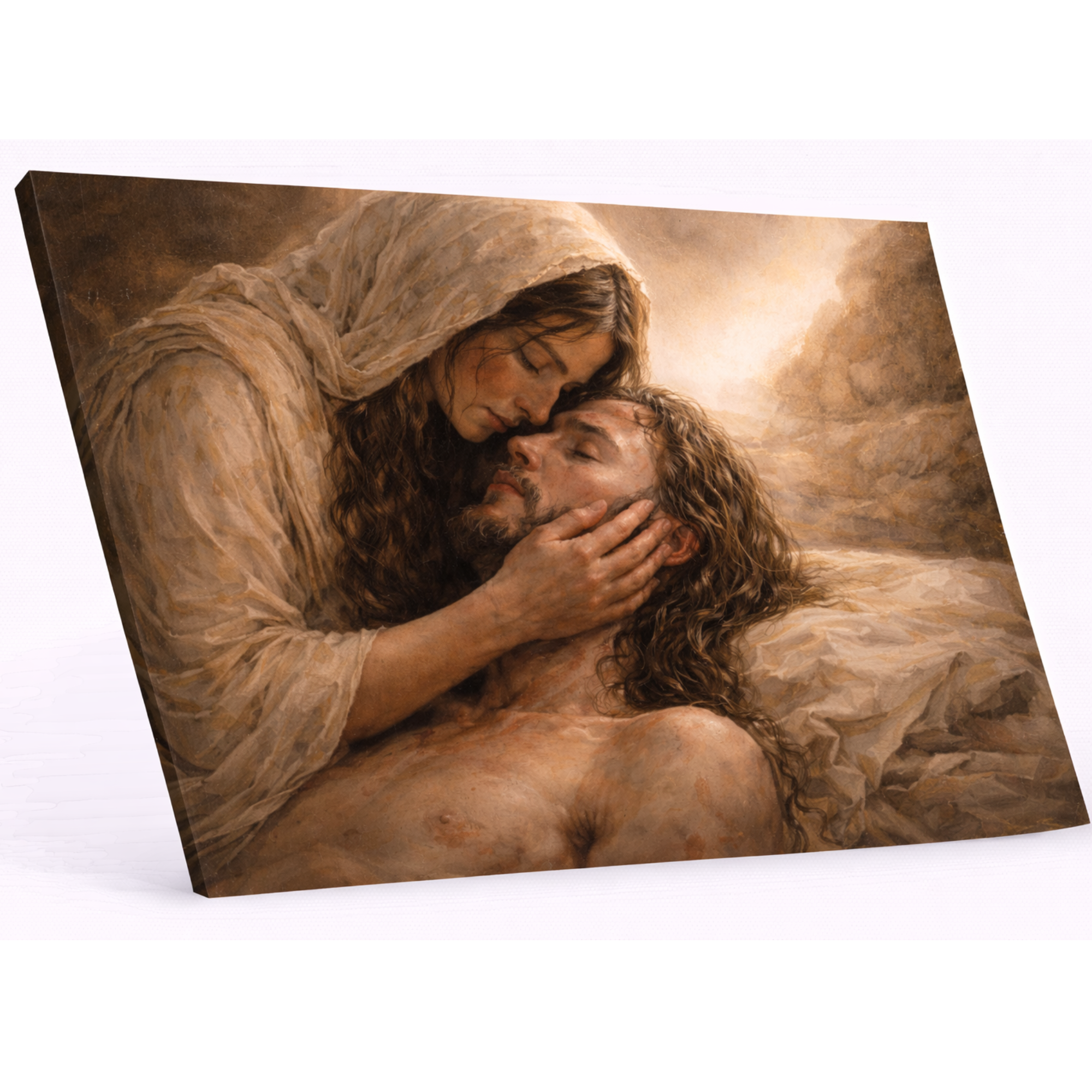 A classical Christian pieta painting depicting Mary holding Jesus Christ after the crucifixion. 