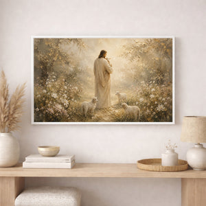 Jesus with Lambs in Blooming Garden | Christian Wall Art